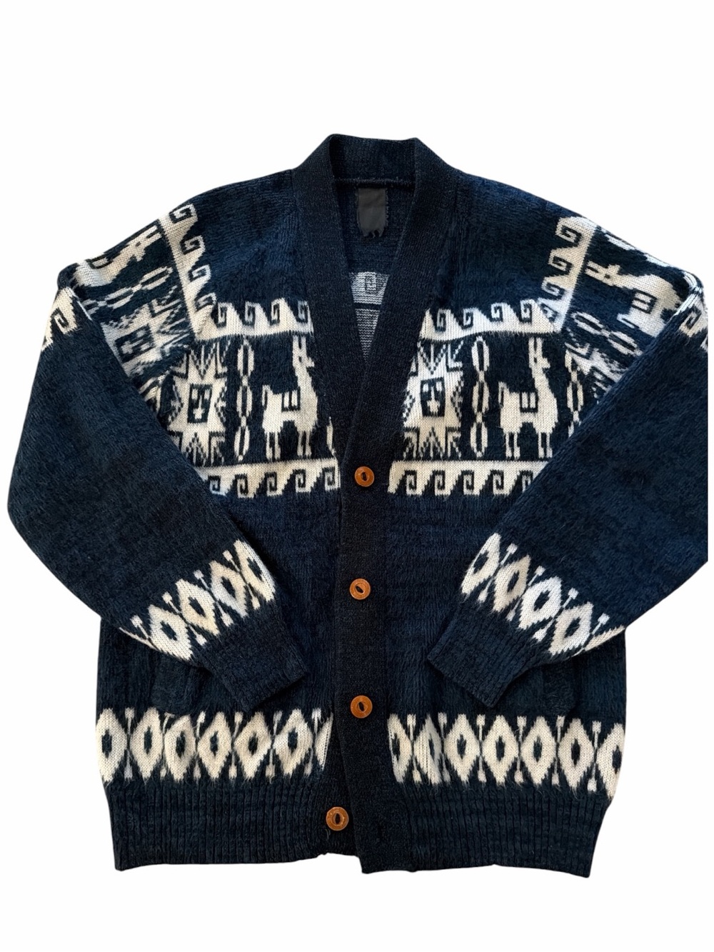 Vintage Oversized Unisex Navy Alpaca Cardigan Sweater - Wooden Button